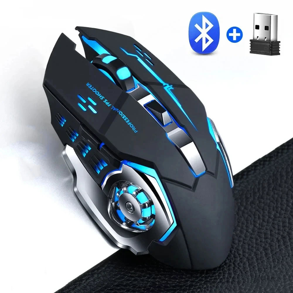 Įkraunama belaidė žaidimų pelė su tyliu foniniu apšvietimu, E-Sports Bluetooth ir 2.4G USB, skirta nešiojamajam kompiuteriui, Macbook, PC žaidimams ir biurui