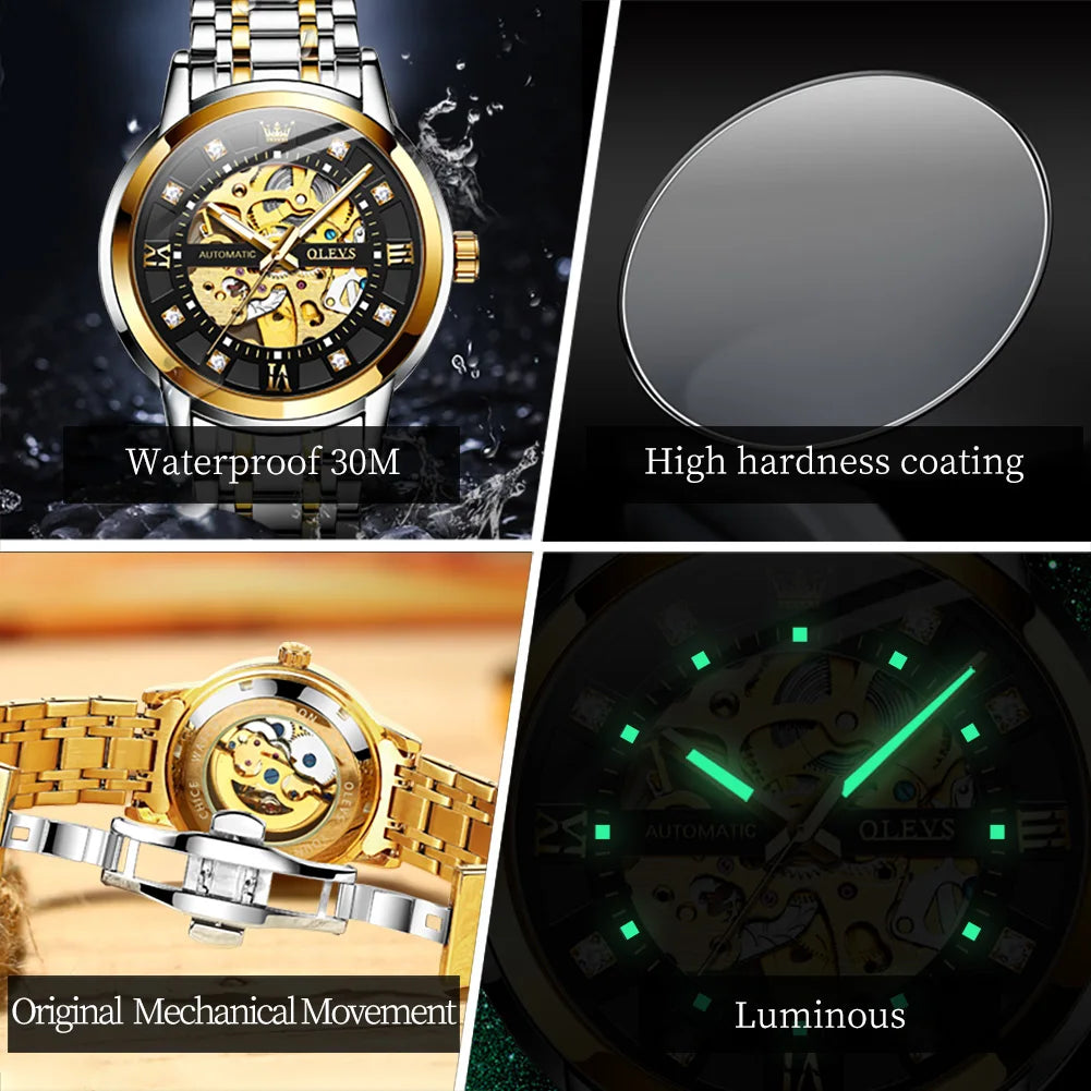 OLEVS 9901 Mens WatchLuxury Hollowing Mechanical Wristwatch Waterproof Luminous Stainless Steel Fashion Automatic Watch For Man