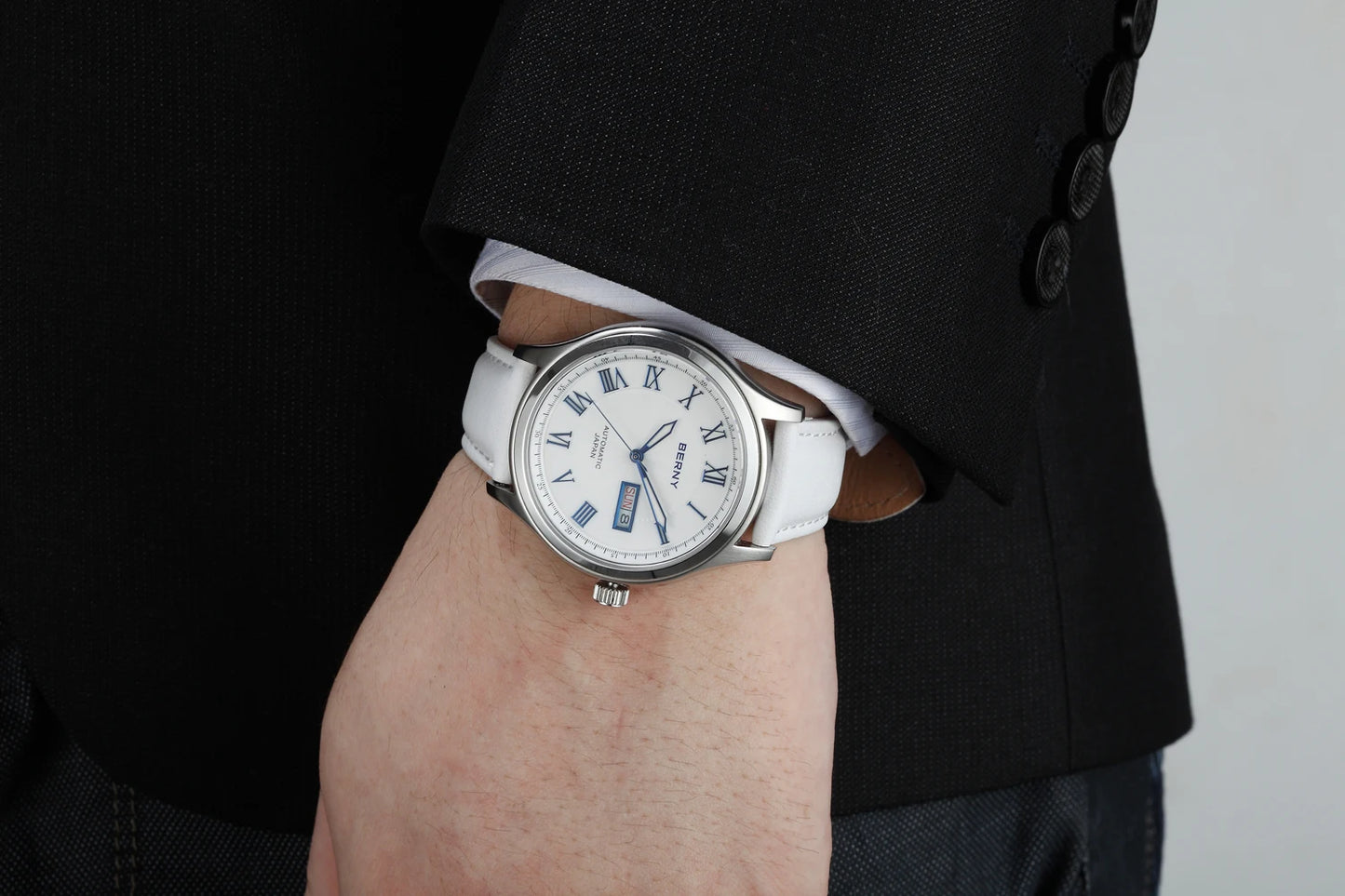 BERNY Automatic Watches for Men Sapphire Luminous Hands Day Calendar Dress Luxury Mechanical Watch 5ATM Vintage-Style Wristwatch