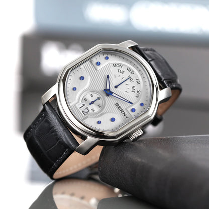 BERNY Tonneau Classic Men's Watch Quartz Luxury Top Watches Ronda 7004N Day Stainless Steel Sapphire Pendulum Dial Watch for Men