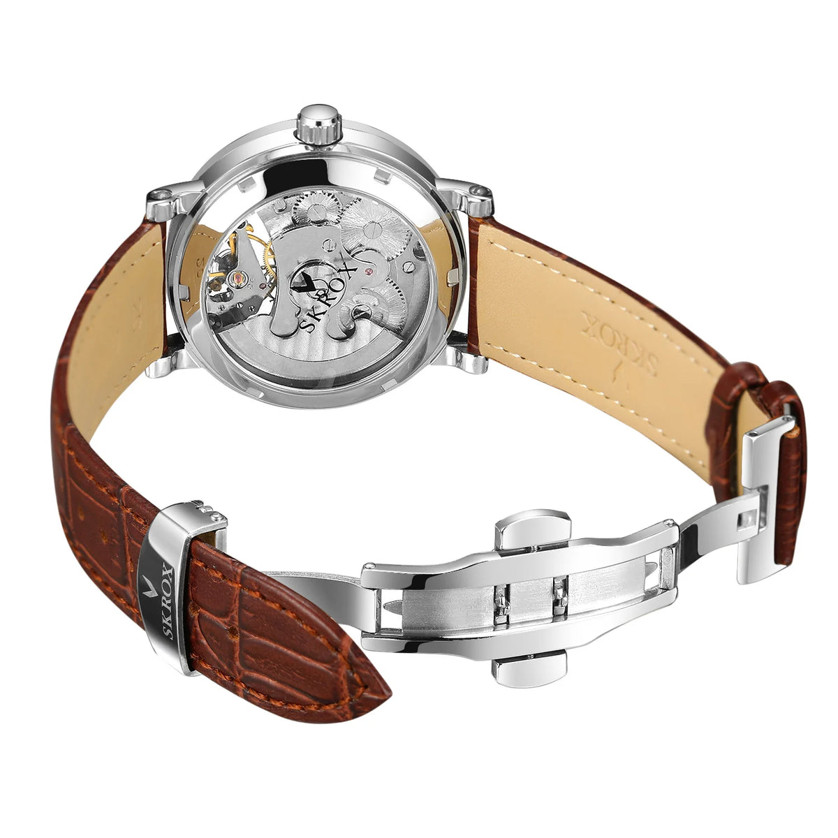 SKROX automata mechanikus férfi karóra, szkeleton modell GMT funkcióval, holdfázis-kijelzővel és tourbillon-nal – Elegáns és eredeti, csúcsminőségű luxusóra.