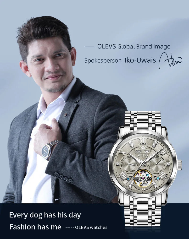OLEVS 6701 Men's Watch Luxury Waterproof Auto Date Mechanical Watch For Men Hollow Skeleton Diamond Wristwatch Luminous Clock