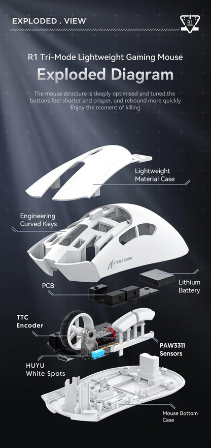 Attack Shark R1 Lightweight Bluetooth 2.4G Wireless Gaming Mouse PAW3311 18000DPI Ergonomic Macro Mice
