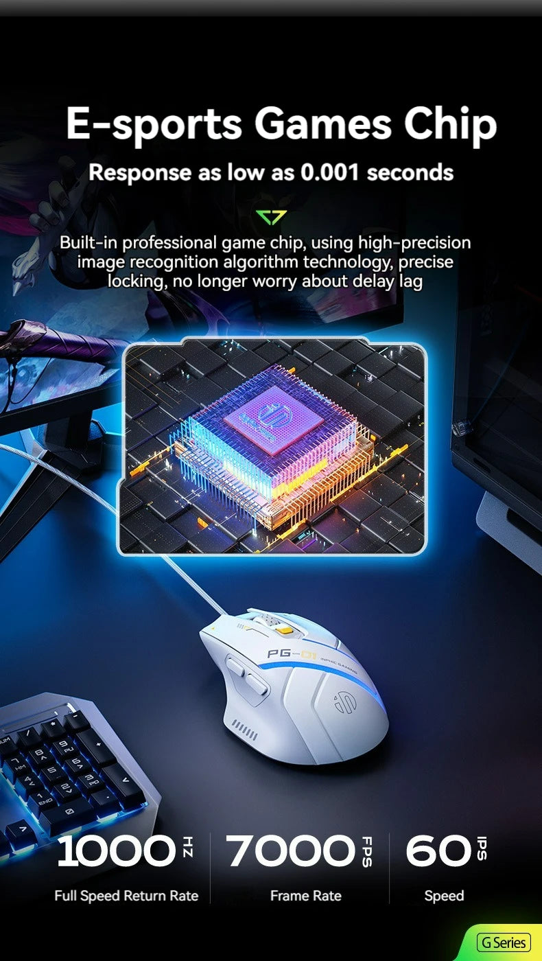 Ratón gaming con cable Inphic Pg1, iluminación RGB, programación de macros, 12800DPI, 6 botones, ratón para ordenador, tasa de sondeo de 1000hz