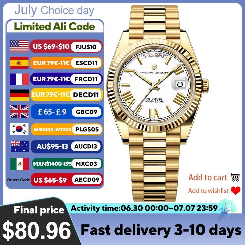 PAGANI DESIGN Men's Watches DD40 Gold White Luxury Automatic Watch Men Japan Movt Date Week Mechanical Watches For Men 2026 New