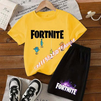Summer FortnitesT-shirt Shorts for Boys Girl Tee Pants Set 2pcs Children Clothing Tops T-shirts Fortress Night Print Tees Gift