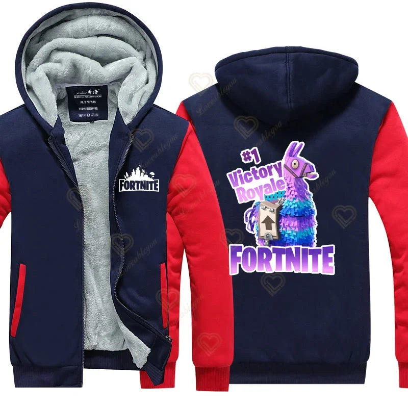 Hanorace luminescente „Winter Warm Fortnite” pentru bărbați și femei, hanorace de joc și cosplay, din fleece gros, cu fermoar, jachete și paltoane pentru cupluri