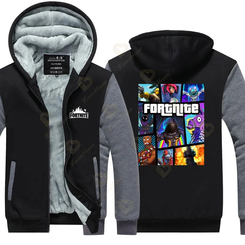 Hanorace luminescente „Winter Warm Fortnite” pentru bărbați și femei, hanorace de joc și cosplay, din fleece gros, cu fermoar, jachete și paltoane pentru cupluri