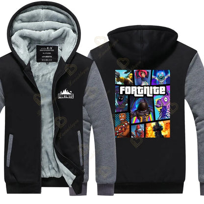 Hanorace luminescente „Winter Warm Fortnite” pentru bărbați și femei, hanorace de joc și cosplay, din fleece gros, cu fermoar, jachete și paltoane pentru cupluri