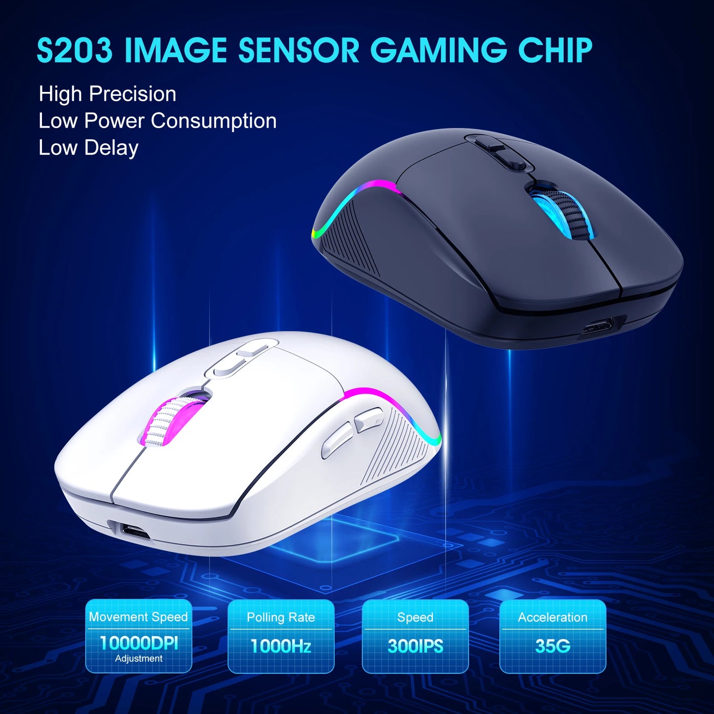 Mouse tri-mode 2.4G wireless/Bluetooth/cablato, DPI regolabile a 6 livelli, batteria da 500mAh, illuminazione RGB, macro per gaming e esports, mouse da ufficio
