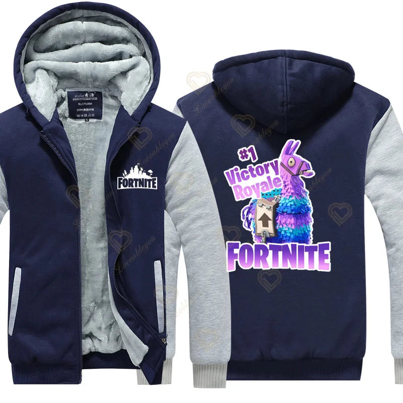 Hanorace luminescente „Winter Warm Fortnite” pentru bărbați și femei, hanorace de joc și cosplay, din fleece gros, cu fermoar, jachete și paltoane pentru cupluri