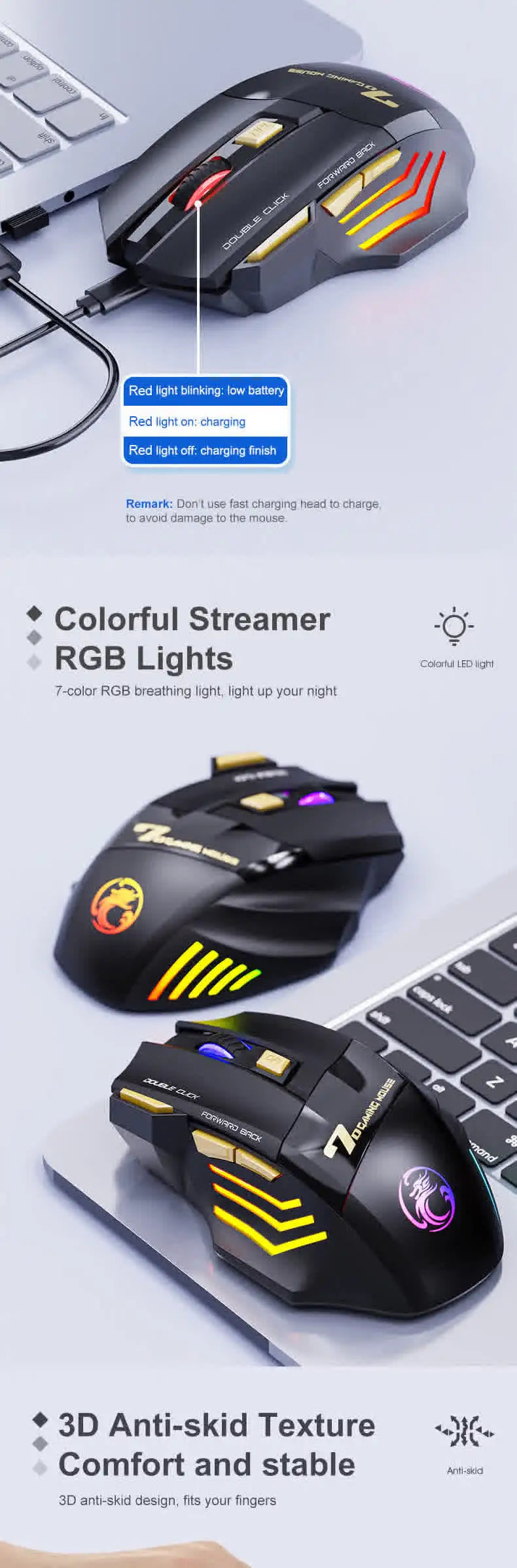 Belaidė Bluetooth pelė, įkraunama kompiuterinė pelė žaidėjams, ergonominė gaming pelė su RGB apšvietimu, tyli pelė PC kompiuteriui