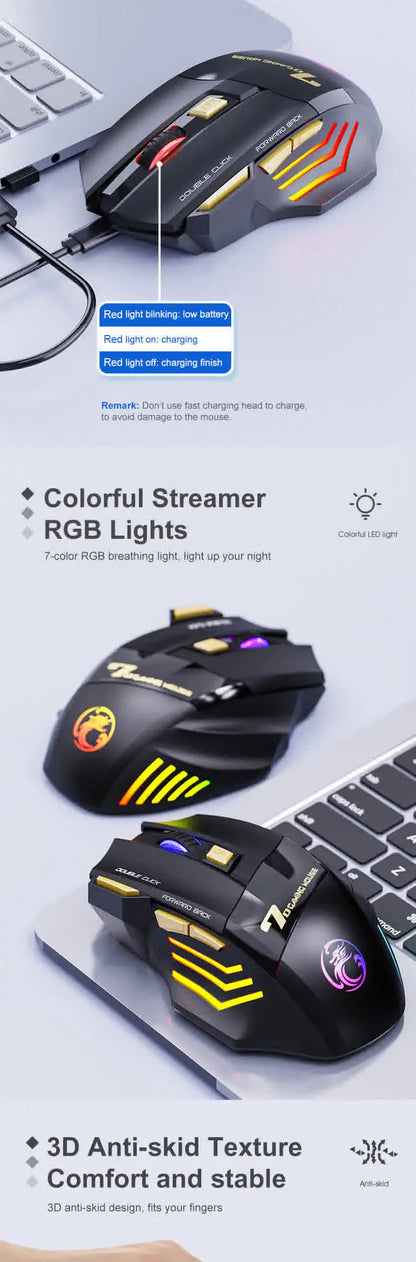 Belaidė Bluetooth pelė, įkraunama kompiuterinė pelė žaidėjams, ergonominė gaming pelė su RGB apšvietimu, tyli pelė PC kompiuteriui