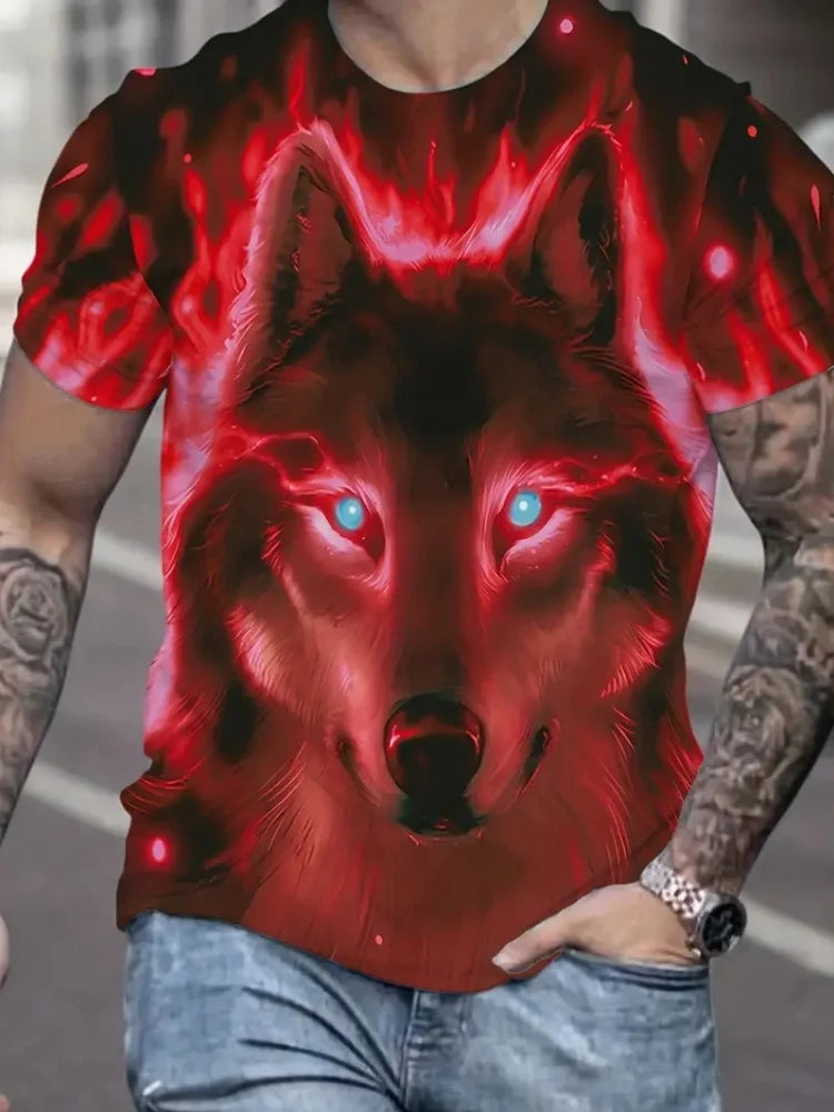 Men 3D Pattern Fire Wolf Graphic Print T-Shirt Summer Oversized Causal T-Shiet Men's Fashion Fitness Short Sleeve Clothing Tops