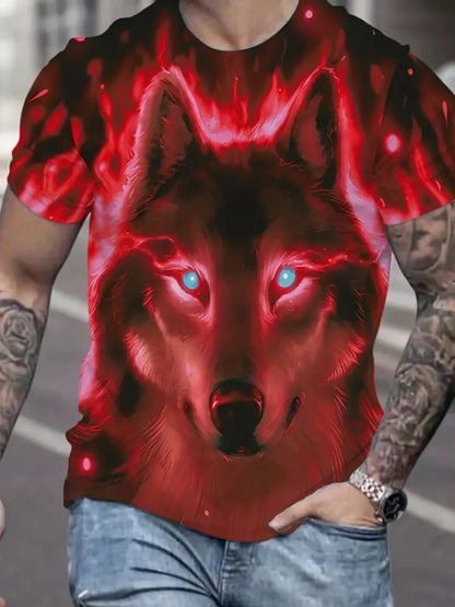 Men 3D Pattern Fire Wolf Graphic Print T-Shirt Summer Oversized Causal T-Shiet Men's Fashion Fitness Short Sleeve Clothing Tops