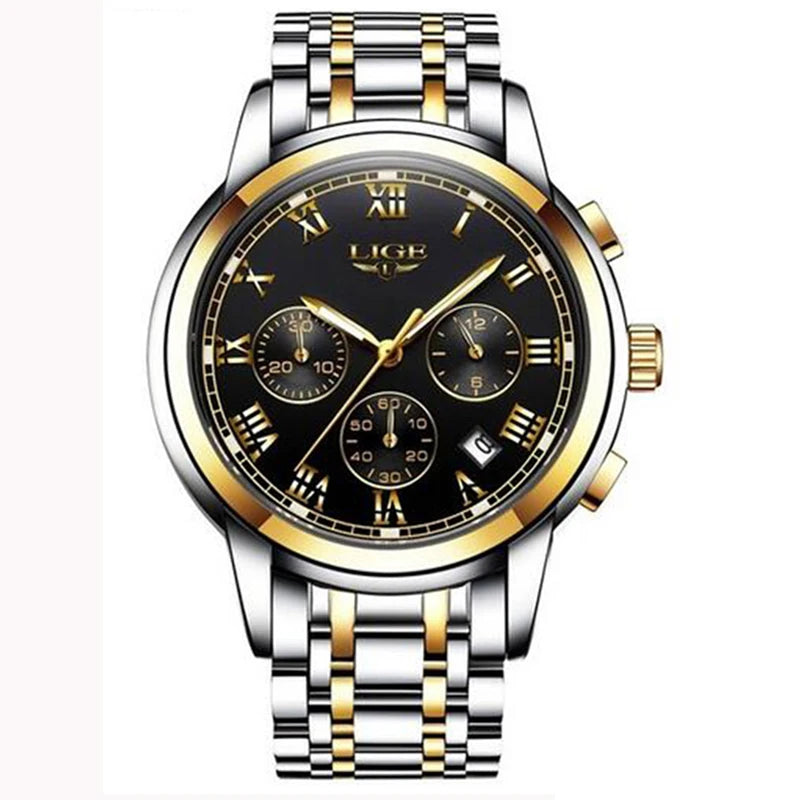 Pánske hodinky LIGE – luxusný chronograf, ležérny športový štýl, vodotesné, celokovové, quartzový strojček