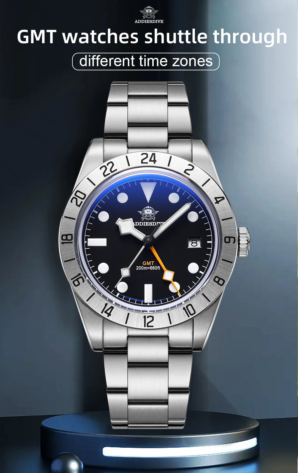 ADDIESDIVE Top Brand 39mm Quartz GMT Watches 20Bar Waterproof Luminous Bubble Mirror Sport Glass Watch for Men Relogio Masculino
