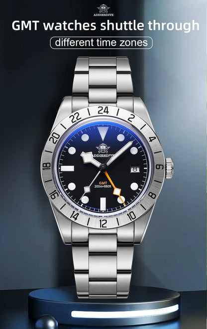 ADDIESDIVE Top Brand 39mm Quartz GMT Watches 20Bar Waterproof Luminous Bubble Mirror Sport Glass Watch for Men Relogio Masculino