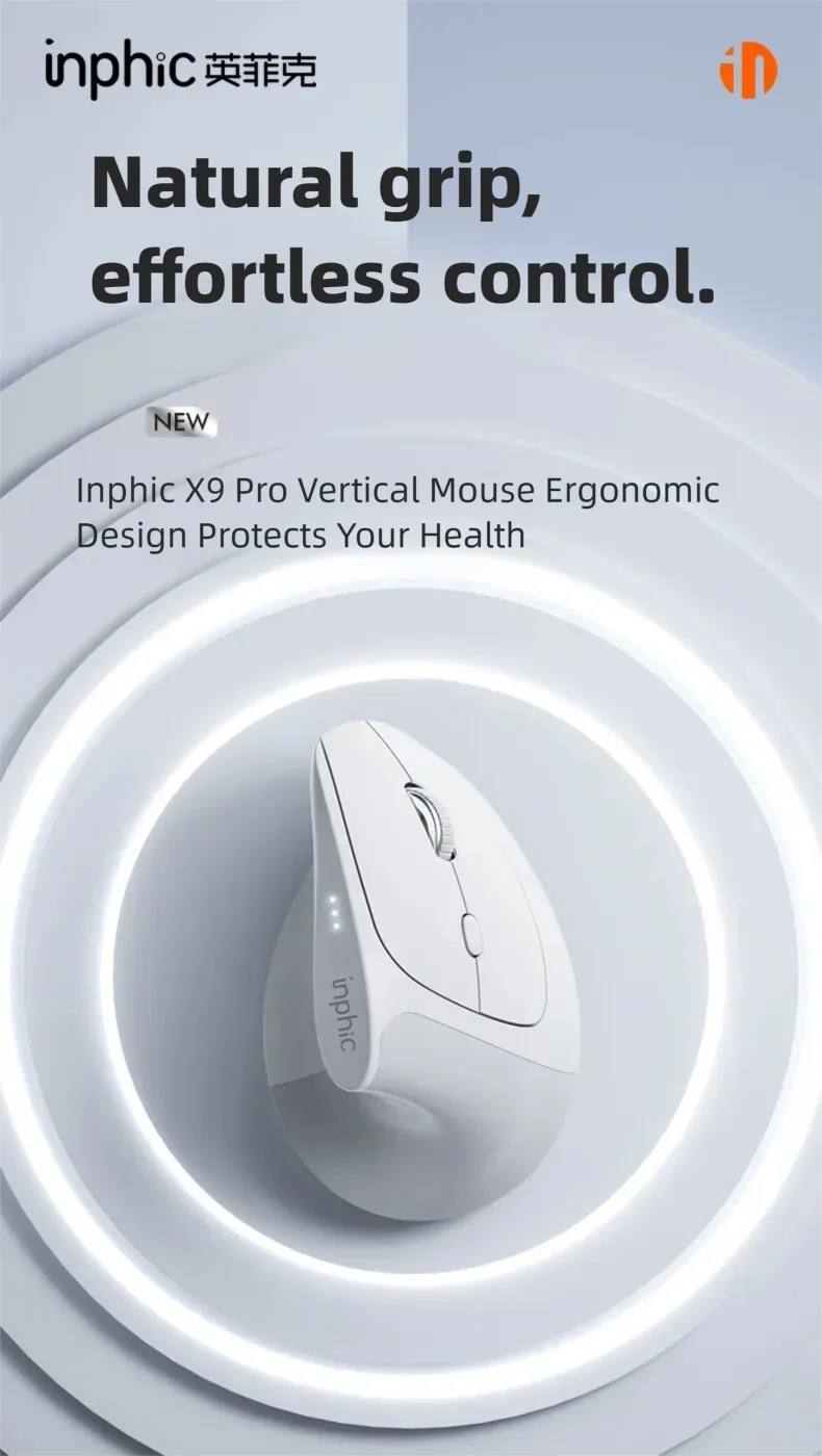 Mouse wireless verticale Inphic X9 PRO, ricarica rapida Type-C, ergonomico e silenzioso, mouse da ufficio per laptop, PC, computer e gaming
