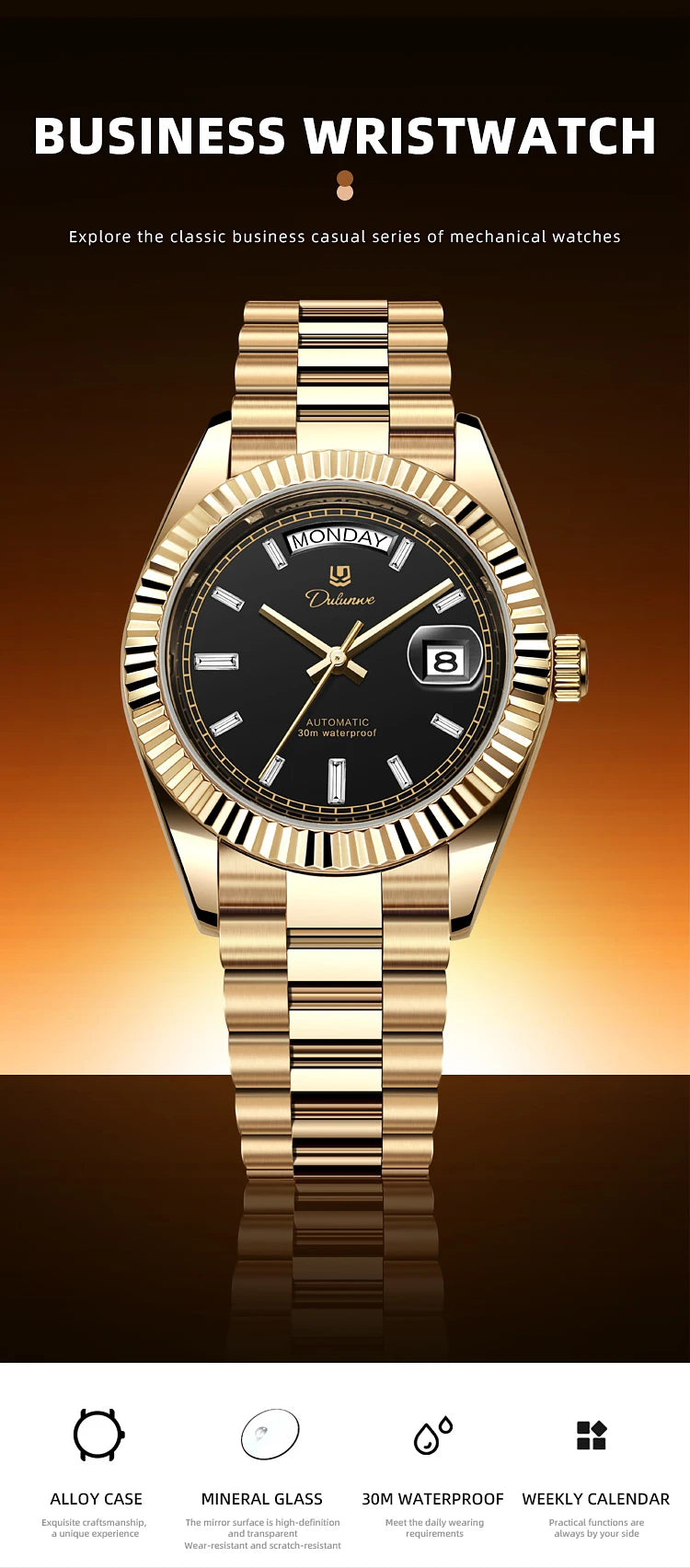 Top Brand Business Men's Watches Luxury Calendar Week Automatic Mechanical Watch for Man Waterproof Gold Stainless Steel