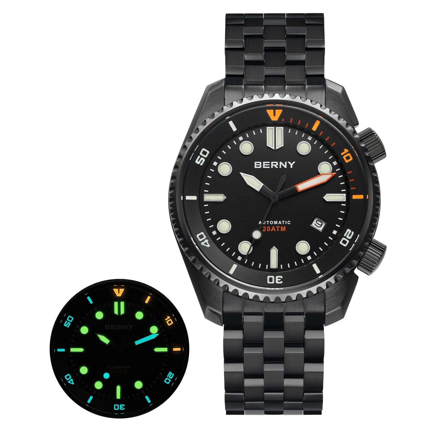 BERNY Automatic Diver Watch for Men Top Luxury Sapphire 316L Steel Blue Dial 200M Waterproof Mechanical Diving Men's Watches
