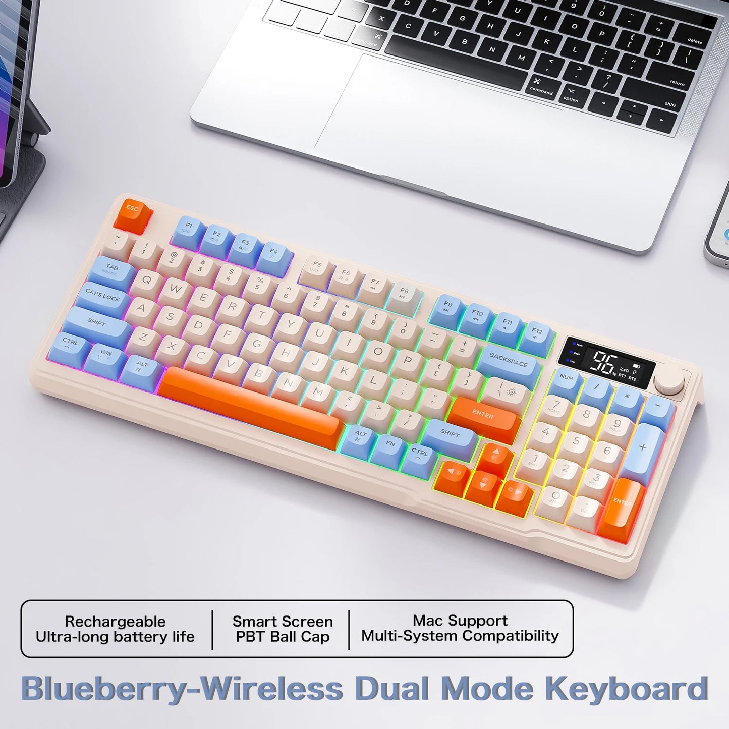 M96 Bluetooth-Tastatur Kabellose FREEWOLF Bildschirm-Gaming-Tastatur, elektronischer Bildschirm, Multi-Device-Verbindung, ergonomisches Gaming