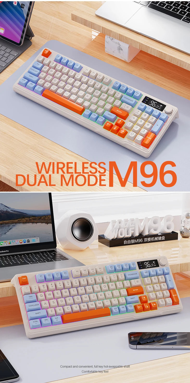 M96 Bluetooth-Tastatur Kabellose FREEWOLF Bildschirm-Gaming-Tastatur, elektronischer Bildschirm, Multi-Device-Verbindung, ergonomisches Gaming