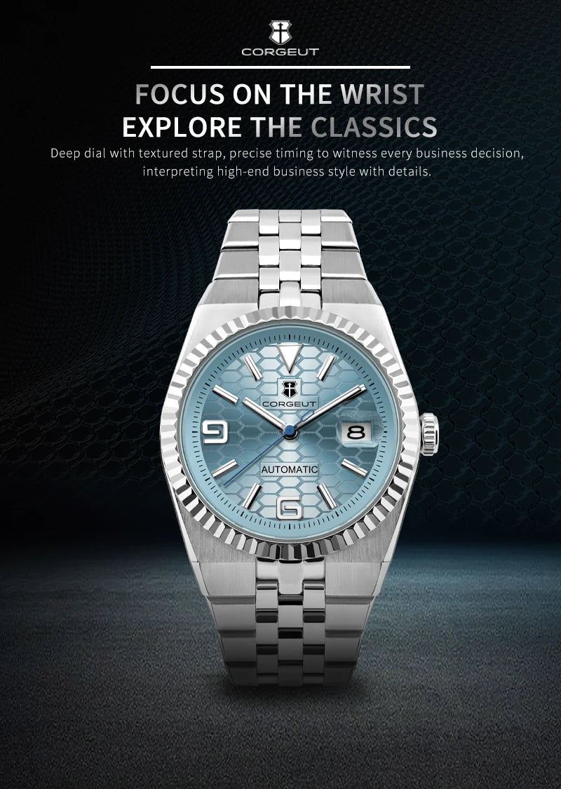 Corgeut 40mm Luxury NH35 Movt Man Sport Clock Automatic Relogio Masculino Mechanical Wristwatch Sapphire Ice Blue Men's Watch