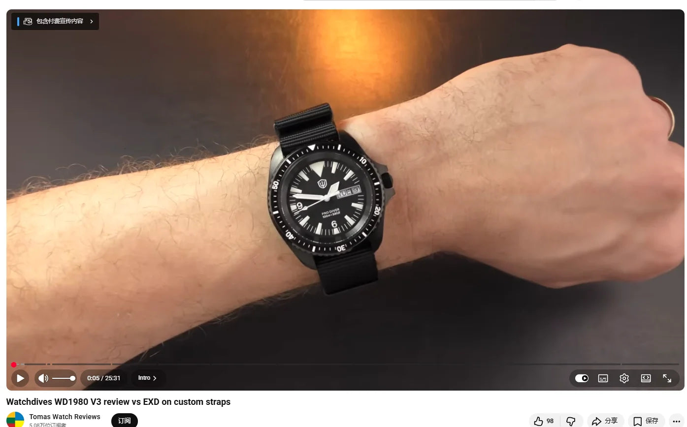 Watchdives WD1980 V3 Quartz Watch 100m Waterproof BGW9 Luminous Nylon Strap Watch Sapphire VH31 Movement Men Watch with Gift Box