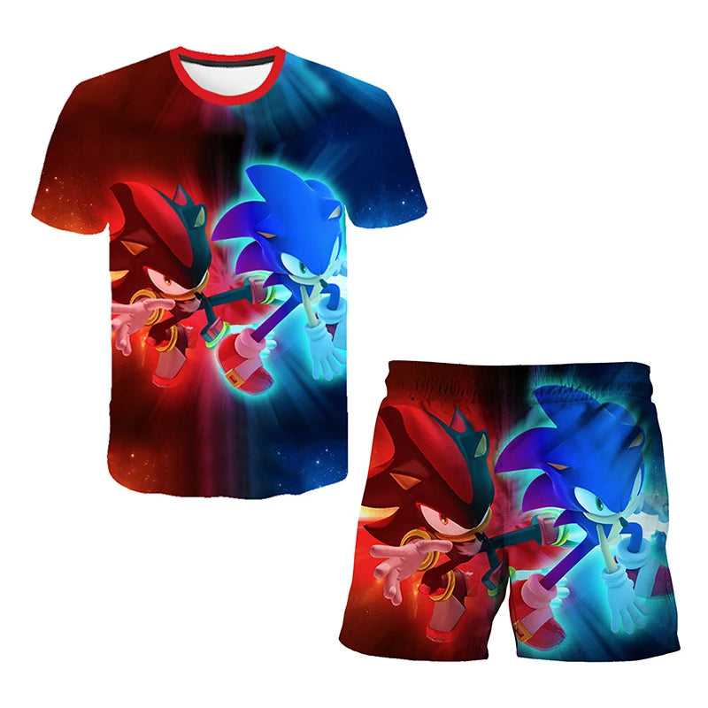 2026 Sonic The Hedgehog 3D T-shirt Set for Boys and Girls: Cute Summer Top + Shorts - Children's Short-Sleeve Birthday Gift