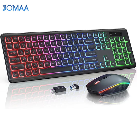 Kabelloses Tastatur- und Maus-Set mit RGB-Hintergrundbeleuchtung, wiederaufladbaren leuchtenden Tasten, Full-Size-Format, ergonomischem Design, Schlafmodus, 2.4GHz