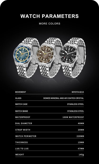 CADISEN Automatic Mechanical Watch Man Silver Business Casual Waterproof Watch Japan MIYOTA 8215 Movement Domed Glass Mens Watch