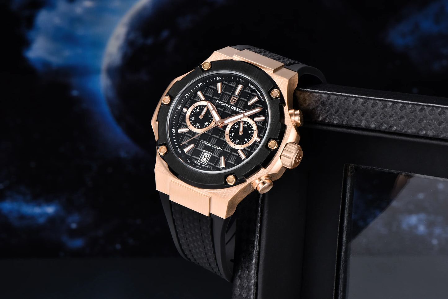 PAGANI DESIGN Men's Watches Luxury Rose Gold Sport Chronograph Japan VK64 Quartz Watch For Men Fluororubber Strap Wristwatch Men