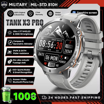 2026 Novo Smartwatch Militar TANK X3 para Homem, Bateria 1000mAh, 10ATM À Prova de Água para Natação, Percurso GPS, Ecrã AMOLED HD de 1.75", Chamadas e Desporto