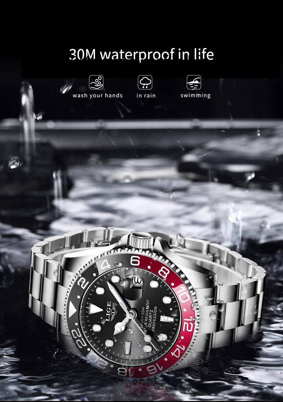 LIGE Fashion Business Watch Men 3ATM Waterproof Luminous Wristwatch Men Clock Top Brand Luxury Sports Quartz Diving Chronograph
