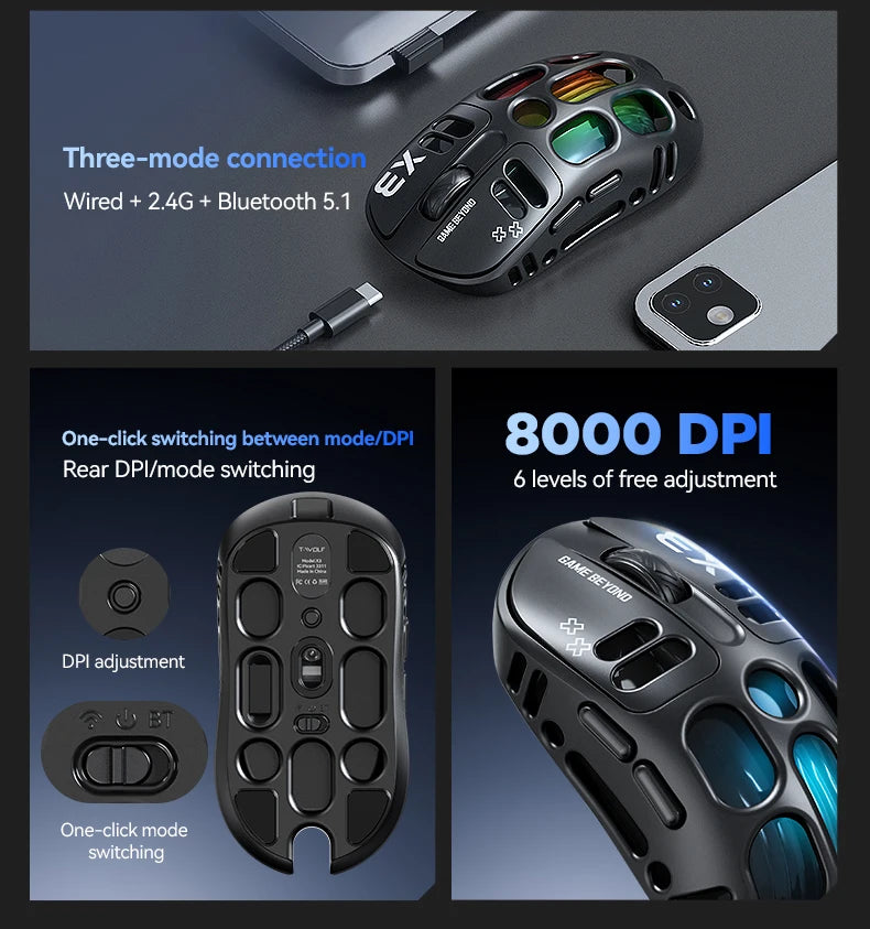 2026 Hollow-out Design Lightweight Computer Game Accessories 3-Mode Bluetooth Wireless Mouse Laptop Rechargeable RGB Backlight