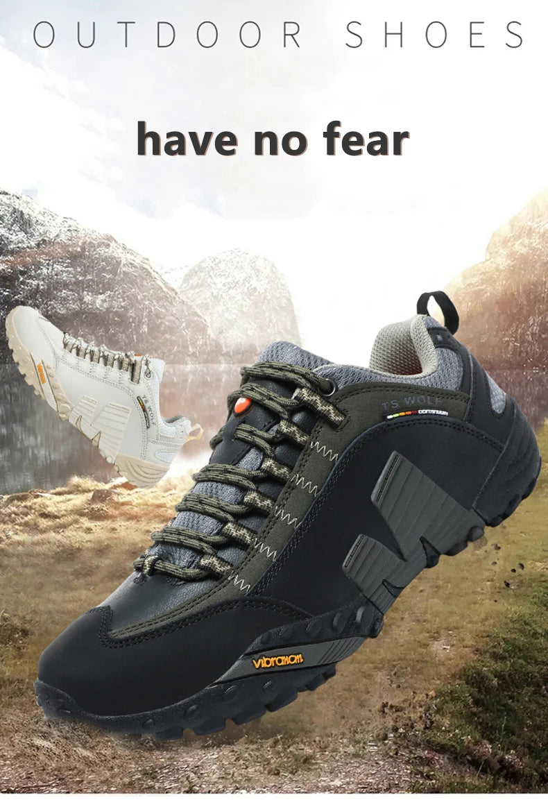 Sapatos de montanhismo para homem em couro genuíno, calçado desportivo outdoor antiderrapante, sapatos de montanhismo e caminhada respiráveis para turismo