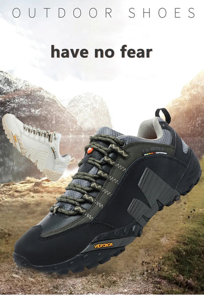 Sapatos de montanhismo para homem em couro genuíno, calçado desportivo outdoor antiderrapante, sapatos de montanhismo e caminhada respiráveis para turismo