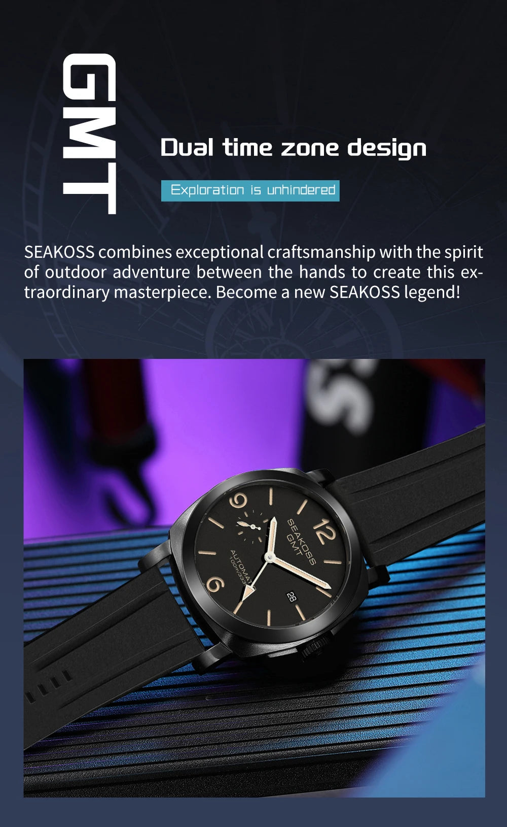 SEAKOSS 100m Diving Men GMT Automatic Mechanical Watches 1963 Clock 2557 Seagull Movement Super Luminous Sapphire Wristwatches