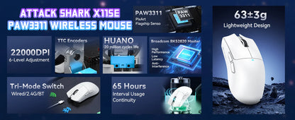 ATTACK SHARK X11SE Wireless Gaming Mouse, Tri-Mode, 63g Superlight With PAW3311 Sensor, 22000 DPI, 300mAh Battery, Dual Driver