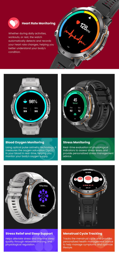 2026 Novo Smartwatch Militar TANK X3 para Homem, Bateria 1000mAh, 10ATM À Prova de Água para Natação, Percurso GPS, Ecrã AMOLED HD de 1.75", Chamadas e Desporto