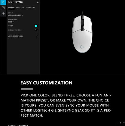 Logitech G203 жична геймърска мишка, Esports-клас, 6 програмируеми бутона и многоцветно осветление за състезателни игри