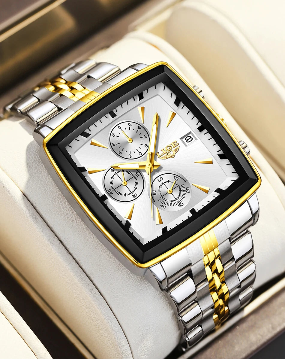 LIGE luxe herenhorloges, vierkant model, klassieke en trendy stijl, van roestvrij staal, waterdicht, sportief en casual, met quartz uurwerk.