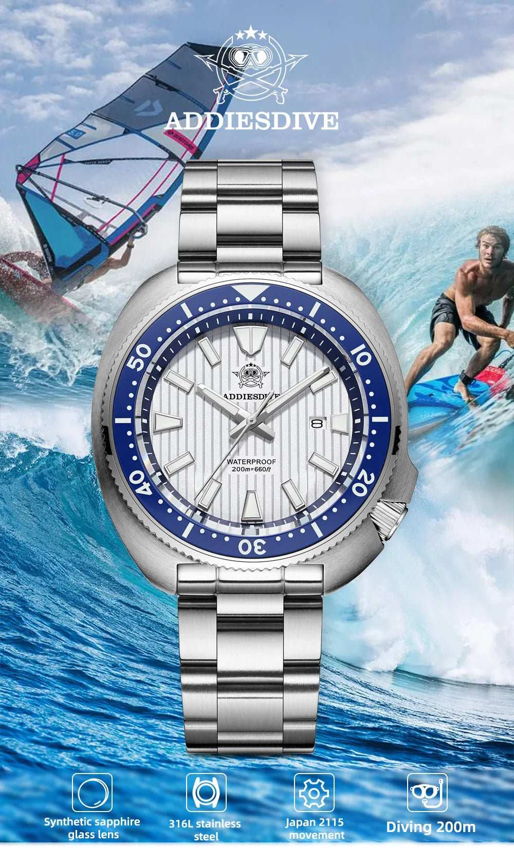 ADDIESDIVE Men's Diving Watch 200 Waterproof Sapphire Glass Quartz Watch BGW9 Luminous Stainless Steel Business Fashion Watch
