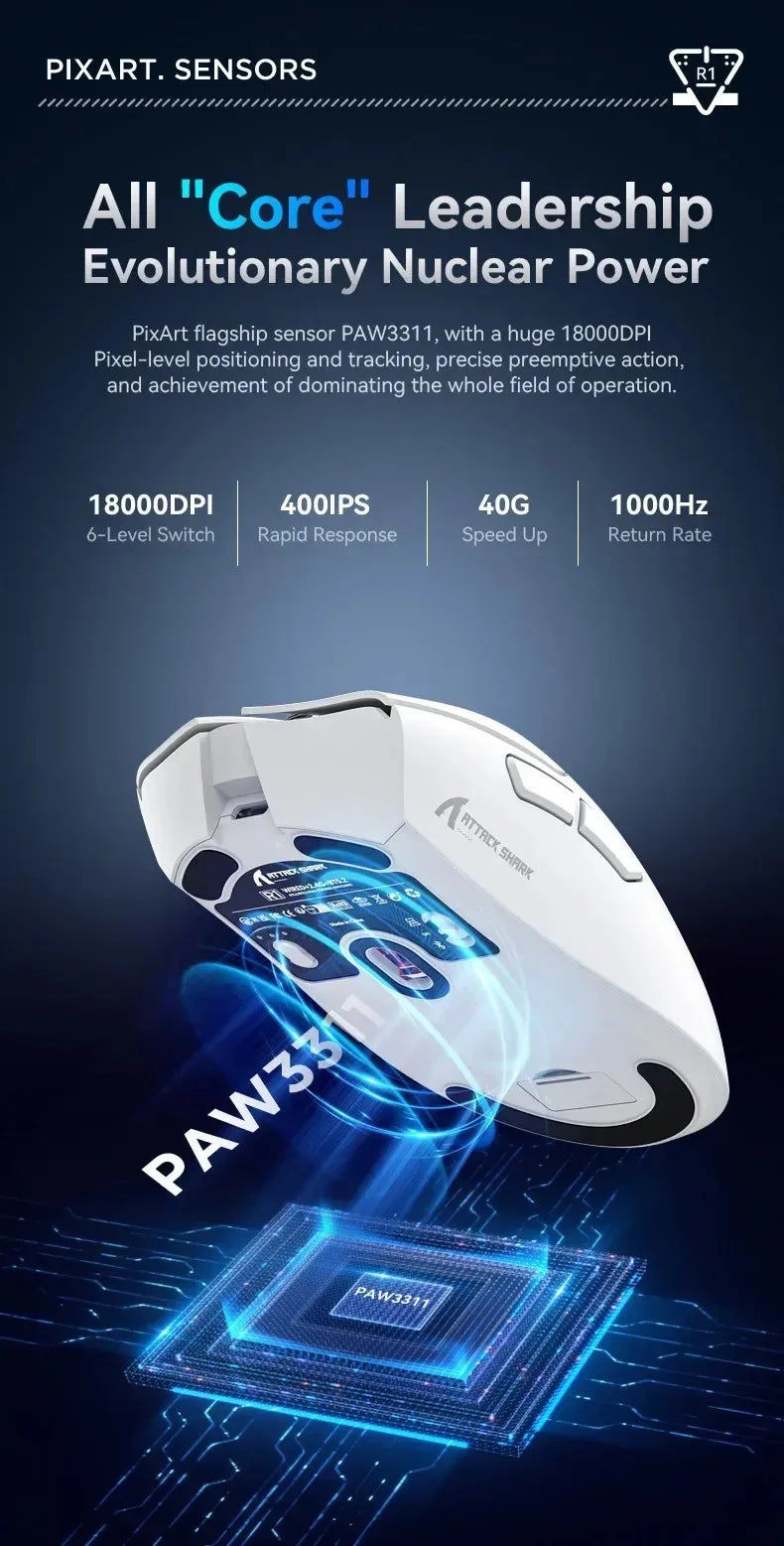ATTACK SHARK R1 59g ultralätt mus med PAW3311, 18000DPI, 400IPS, 40G, 1000Hz, Tri-Mode, Broadcom BK3633 Master, 20 miljoner klick