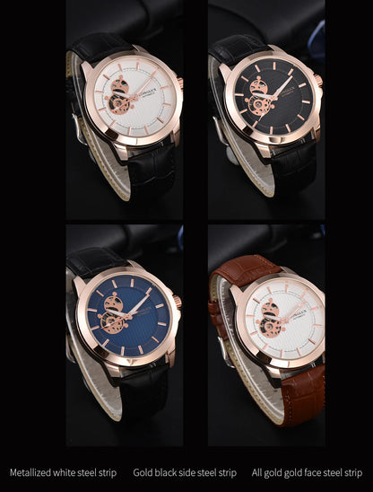 Automatic Watch Minimalist Elegant Everyday Skeleton Waterproof Mechanical Watches Rose Gold Leather Mens Watch Men Gift for Him