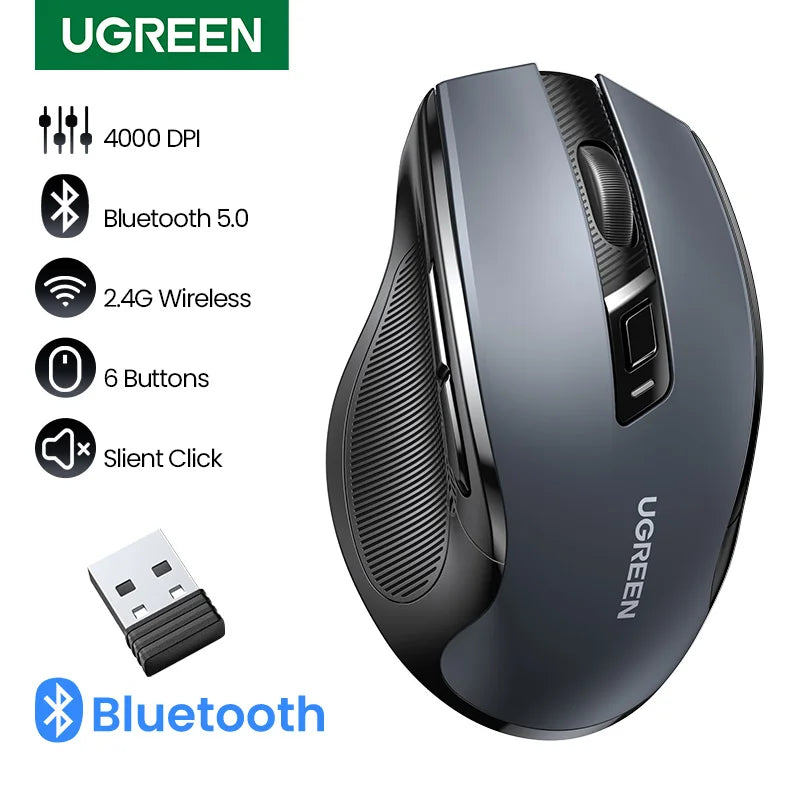 UGREEN belaidė pelė Bluetooth5.0, ergonomiška 4000DPI pelė su 6 tyliais mygtukais, skirta MacBook, planšetėms, nešiojamiesiems kompiuteriams, kompiuteriams ir PC, 2.4G pelė