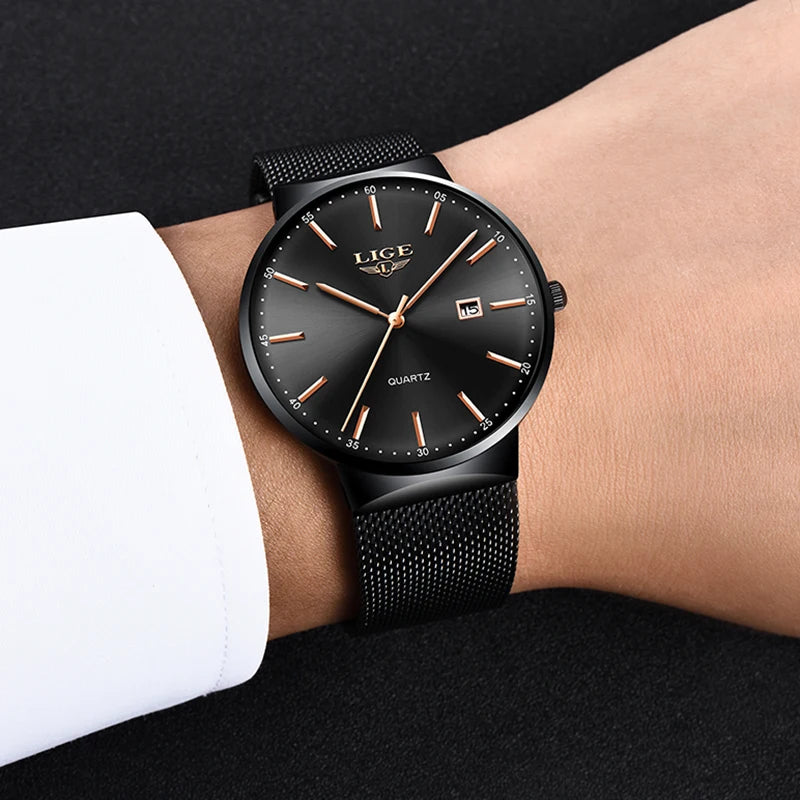 LIGE herenhorloge, elegant en luxueus model, ultradun, waterdicht, met een maasband, quartz-uurwerk, datum- en kalenderweergave – ideaal voor een professionele stijl.
