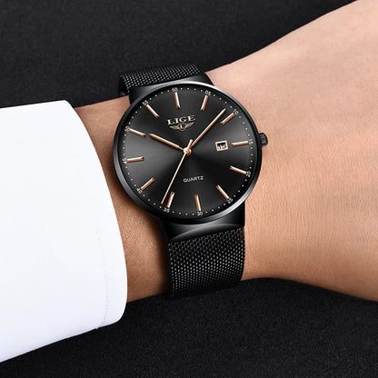 LIGE herenhorloge, elegant en luxueus model, ultradun, waterdicht, met een maasband, quartz-uurwerk, datum- en kalenderweergave – ideaal voor een professionele stijl.