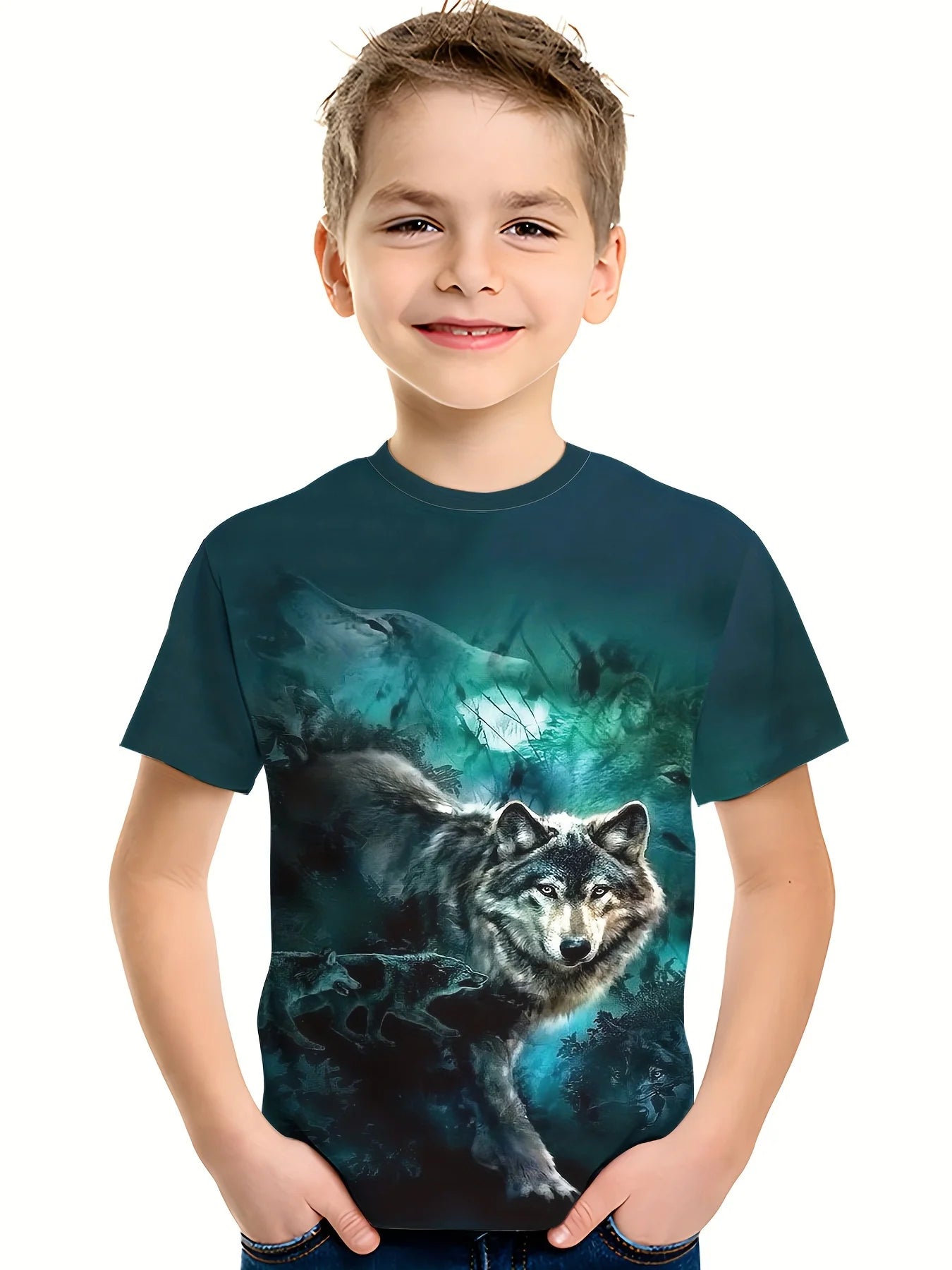 Children's Clothing Boys Tshirt Short Sleeve Cool 3D Wolf Print Kids Summer Clothes Stylish Streetwear Round Neck Girl Clothes﻿